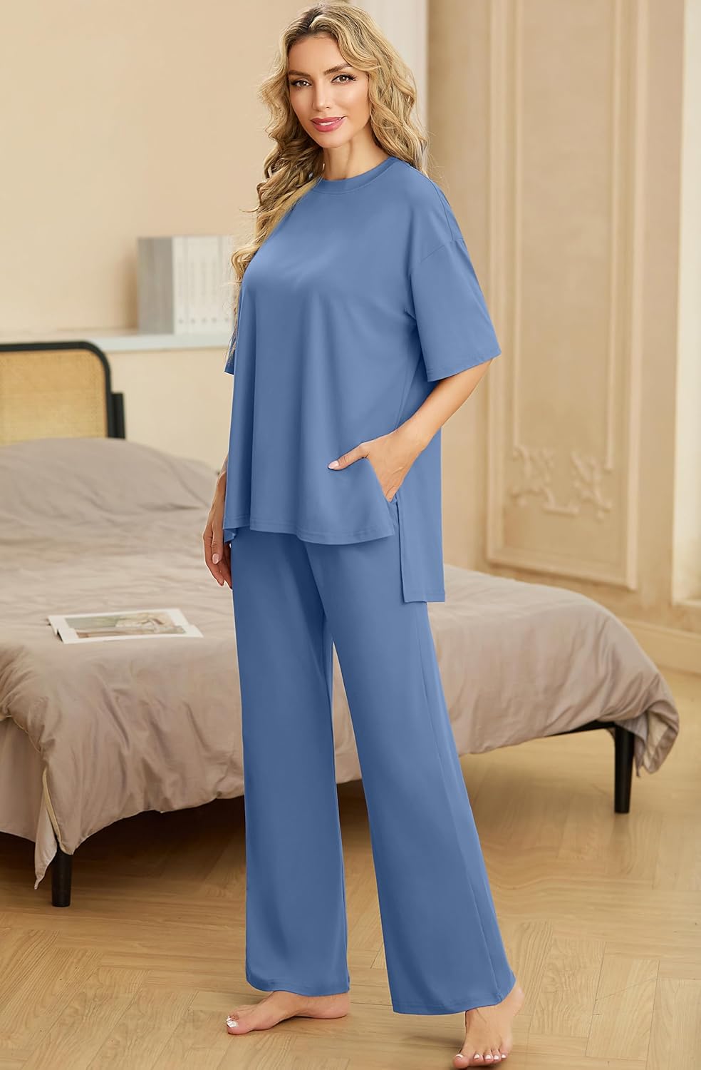 PrinStory Womens Pajamas Sets 2 Piece Lounge Set Short Sleeve Tops and Long Pants Soft Pjs Loungewear with Pockets