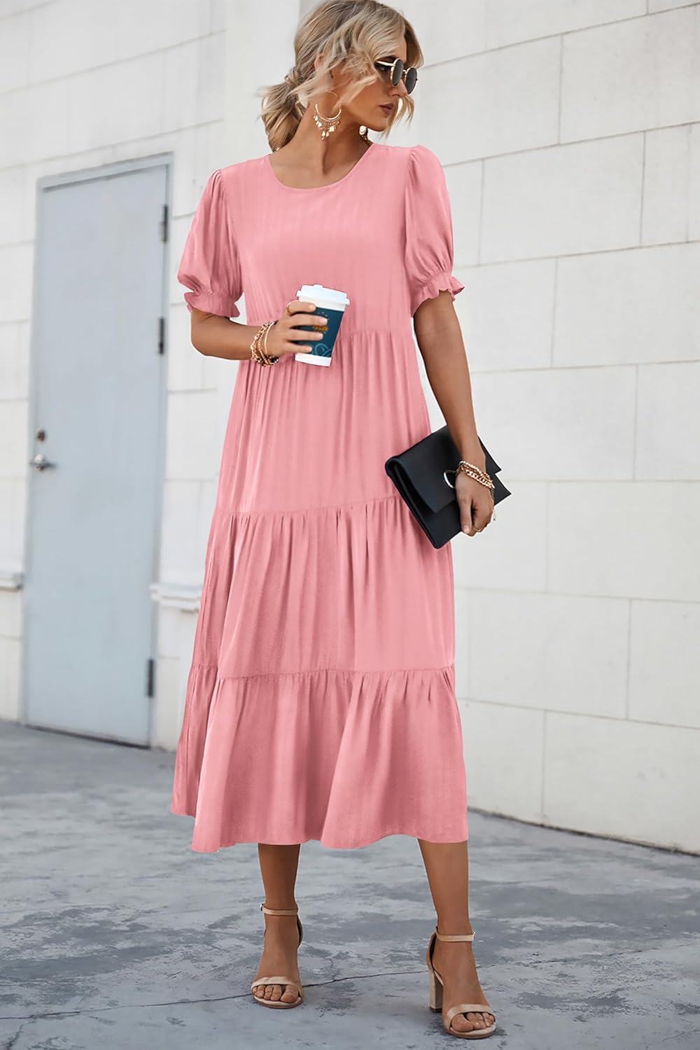 PRETTYGARDEN Summer Dresses for Women 2025 Casual Floral Boho Midi Sun Dress Puff Short Sleeve Flowy Beach Vacation Sundress