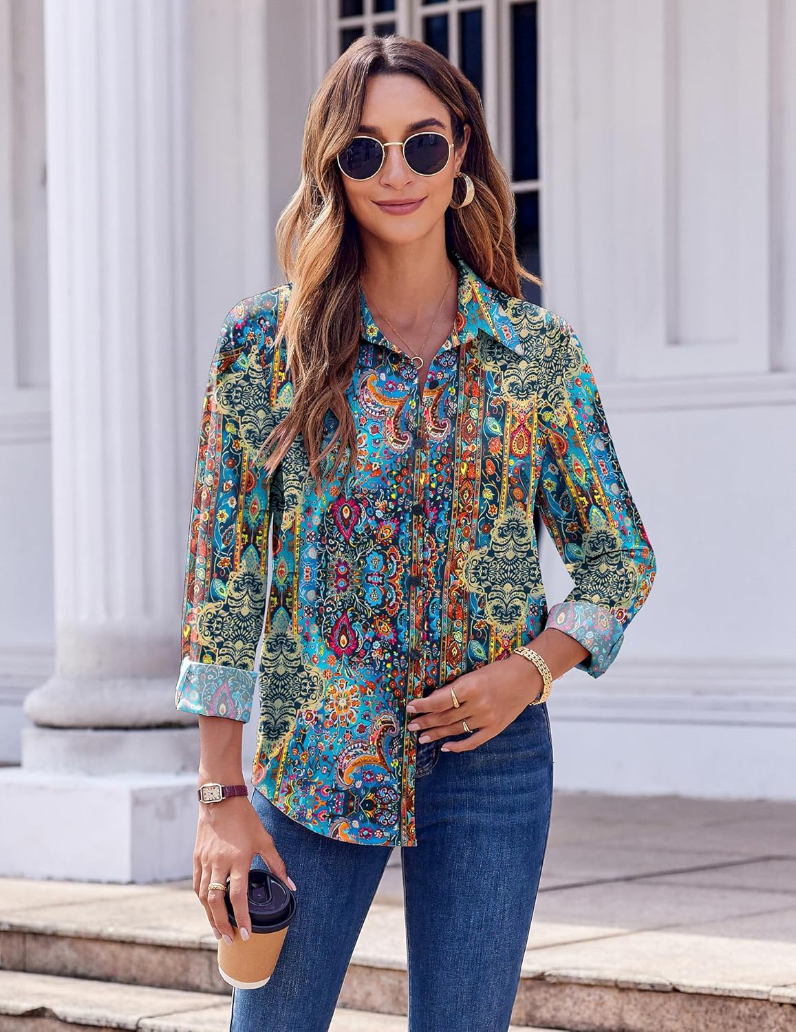 Zeagoo Button Down Shirts for Women Dressy Floral Printed Long Sleeve Blouse Business Casual Work Tops