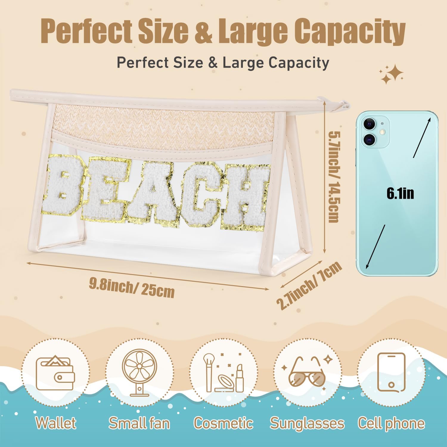 Etercycle Boho Patch BEACH Makeup Bag, Clear PVC Travel Toiletry Bag Waterproof Beach Bags for Women, Small Chenille Letter Bag With Zipper for Beach Travel Essentials