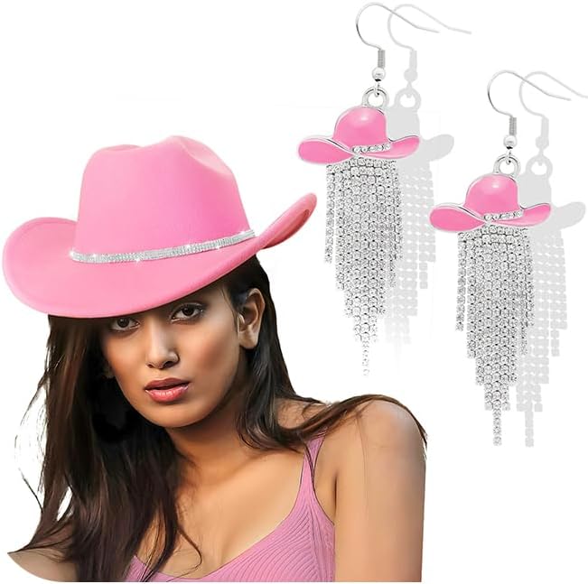 Cowboy Hat Rhinestone Cowgirl Boots Earrings Set Western Earring Felt Fedora Jazz Hat Rodeo Outfit for Women Size M