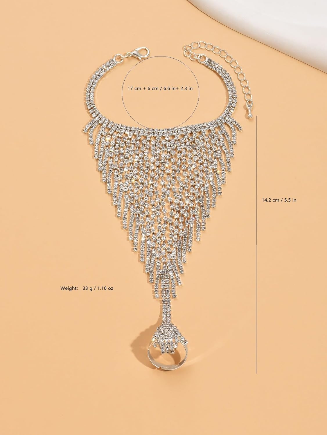 Chargances Tassle Sparkly Crystal Finger Ring Bracelet Silver Tassle Hand Chain Rhinestone Bangle Wedding Hand Harness Hand Accessories for Women (Style 2)