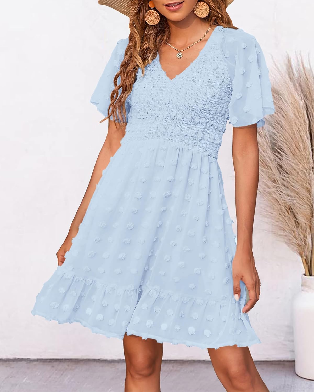 BTFBM Womens Beach Vacation Dress Summer 2025 V Neck Short Sleeve Smocked Swiss Dot Cute Ruffle Casual Fall Mini Dresses
