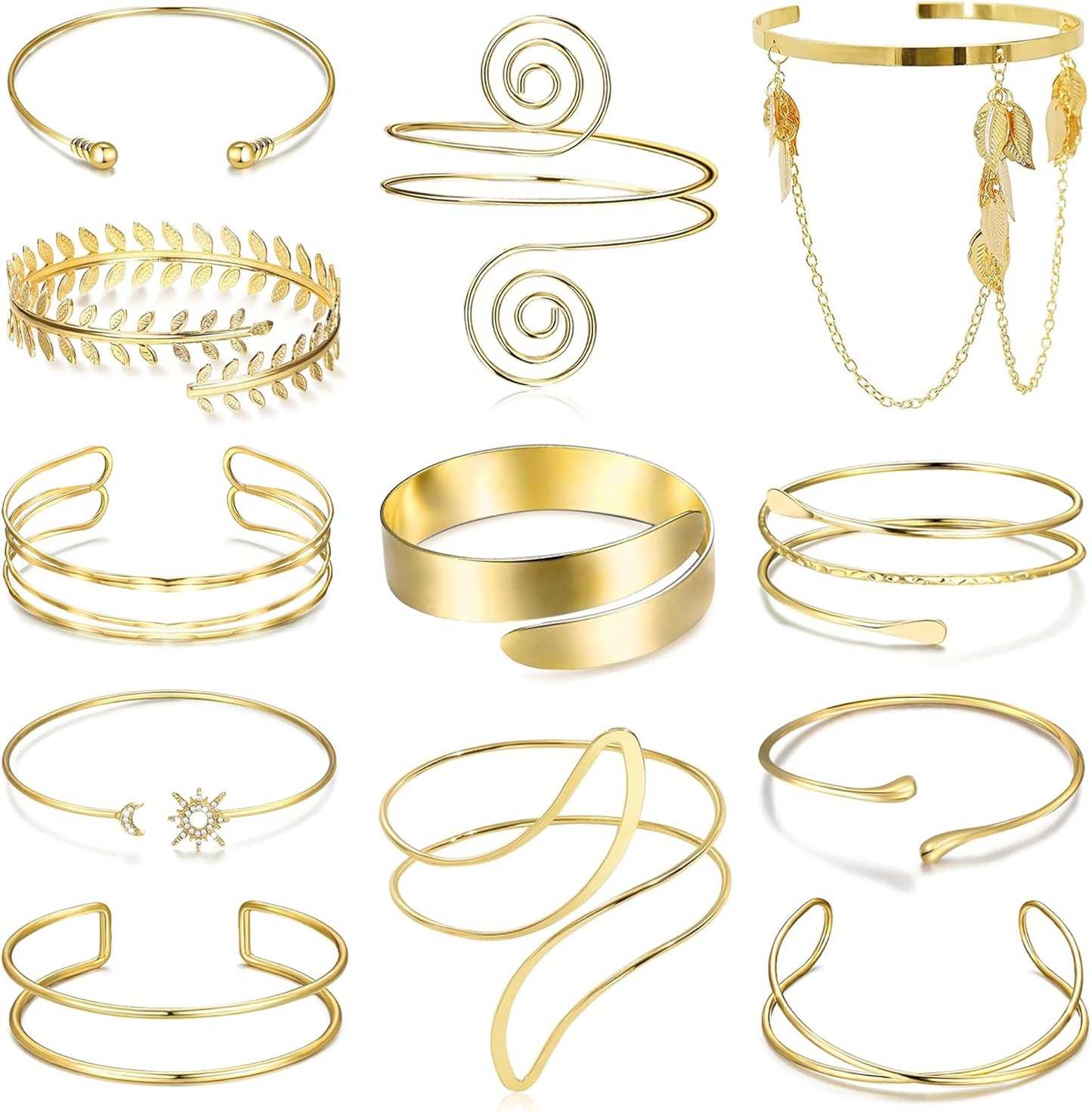 6-12 Pcs Arm Cuff Bracelets for Women Gold UpperCuff Cuff Bangle Bracelet Open Adjustable Gold Arm Bracelet Set