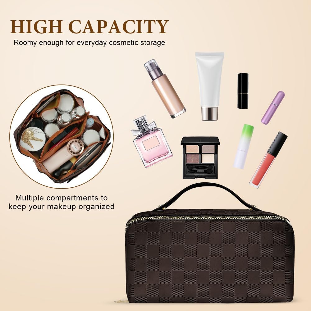 Premium PU Cosmetic Bag Travel Bag, Large Capacity Layered Cosmetic Bag Zipper Bag, Portable Travel Organizer Multifunctional Waterproof Bag, Easy to Carry (Checkerboard - Brown)