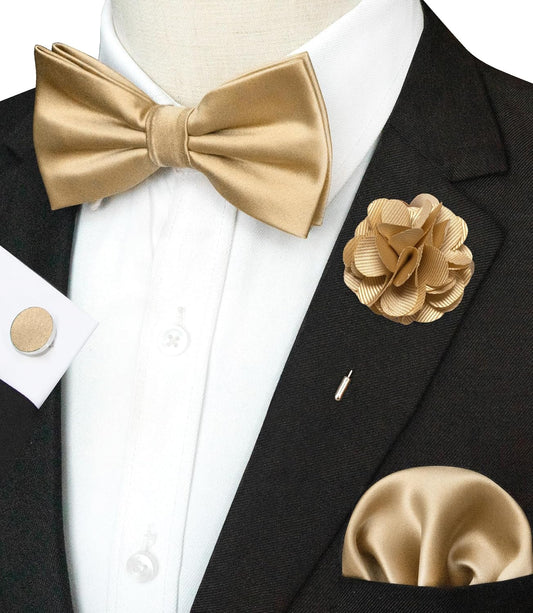 Solid Color mens Pre-tied Bow Tie and Pocket Square Cufflinks Sets with Gift Box