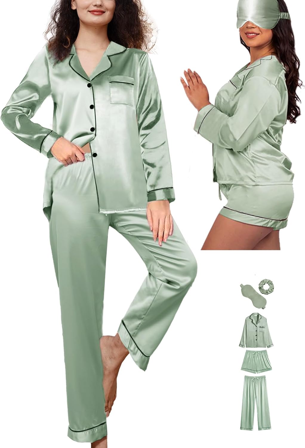 5Pcs XS-XXL Womens Silk Satin Pajamas Sets Long Pj Sets Button Down Pjs Set Loungewear Sleepwear