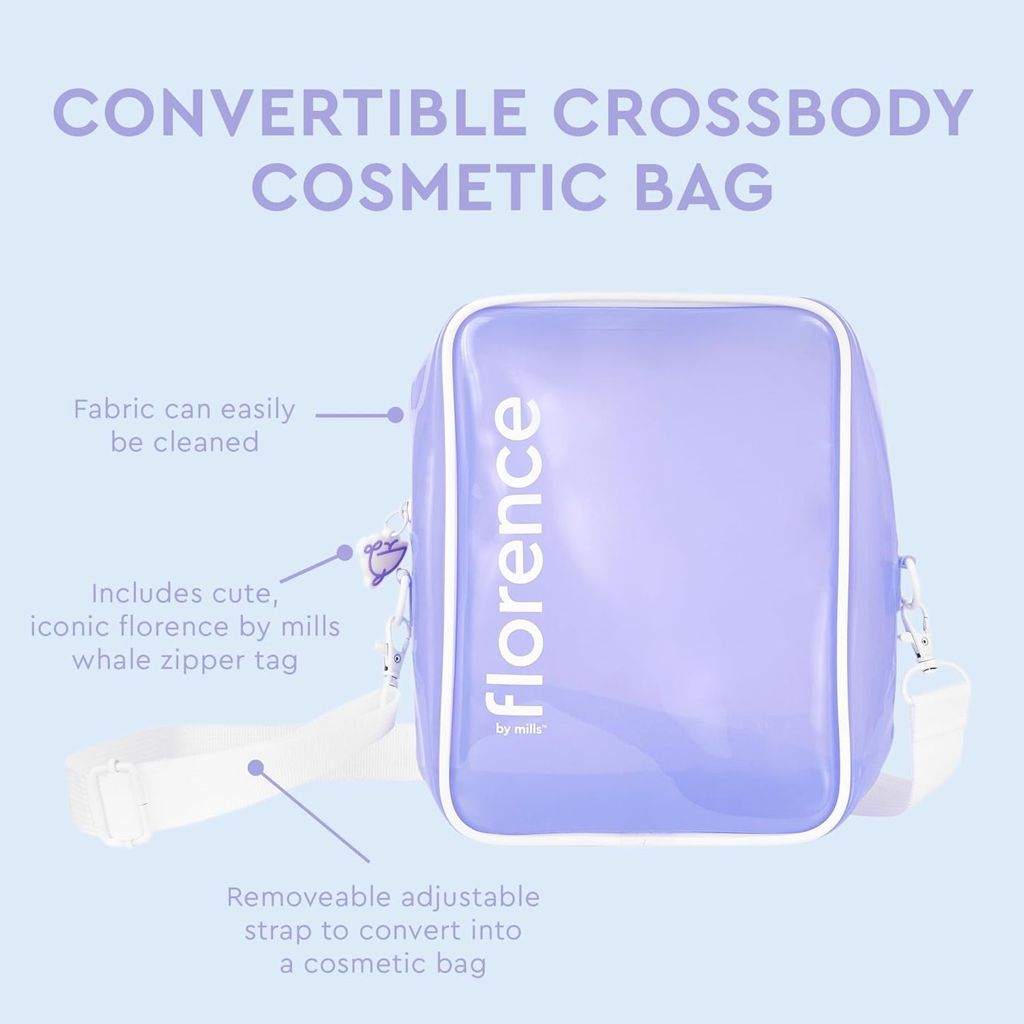 florence by mills Convertible Crossbody Cosmetic Bag, Clear Puple,Removable Adjustable Strap