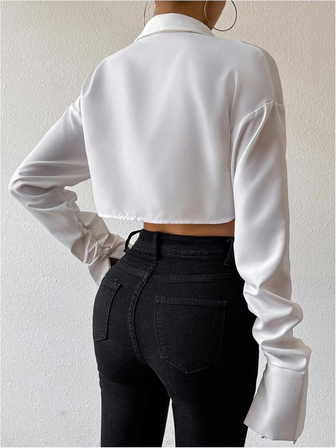 GORGLITTER Women's Long Sleeve Asymmetrical Crop Tops Collared Cropped Button Down Shirt