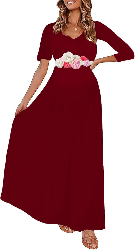 KIM S Maternity Maxi Dress with Flower Sash(S-3XL)/Wrapped Ruched V Neck Photoshoot Baby Shower Dresses