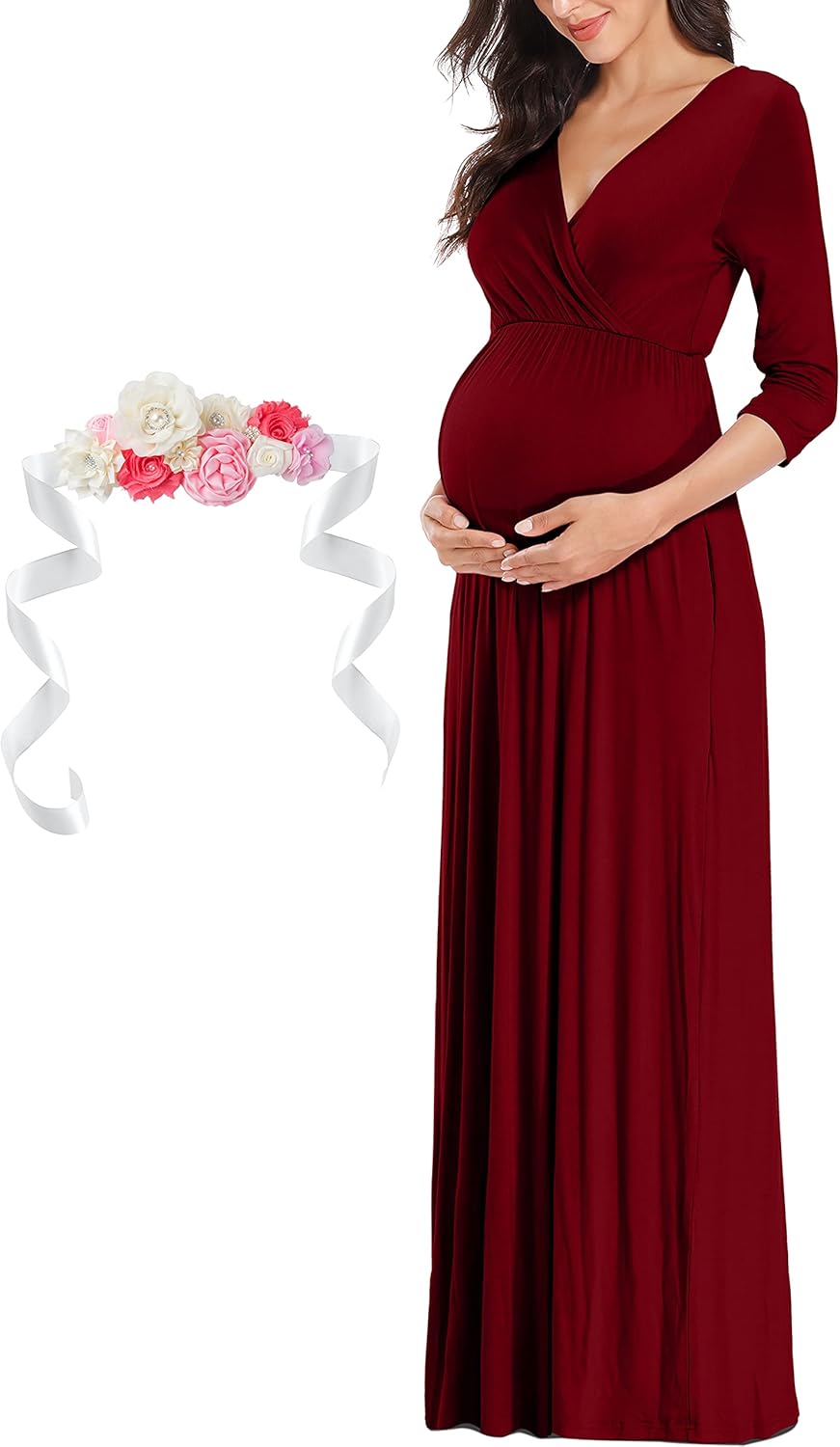 KIM S Maternity Maxi Dress with Flower Sash(S-3XL)/Wrapped Ruched V Neck Photoshoot Baby Shower Dresses