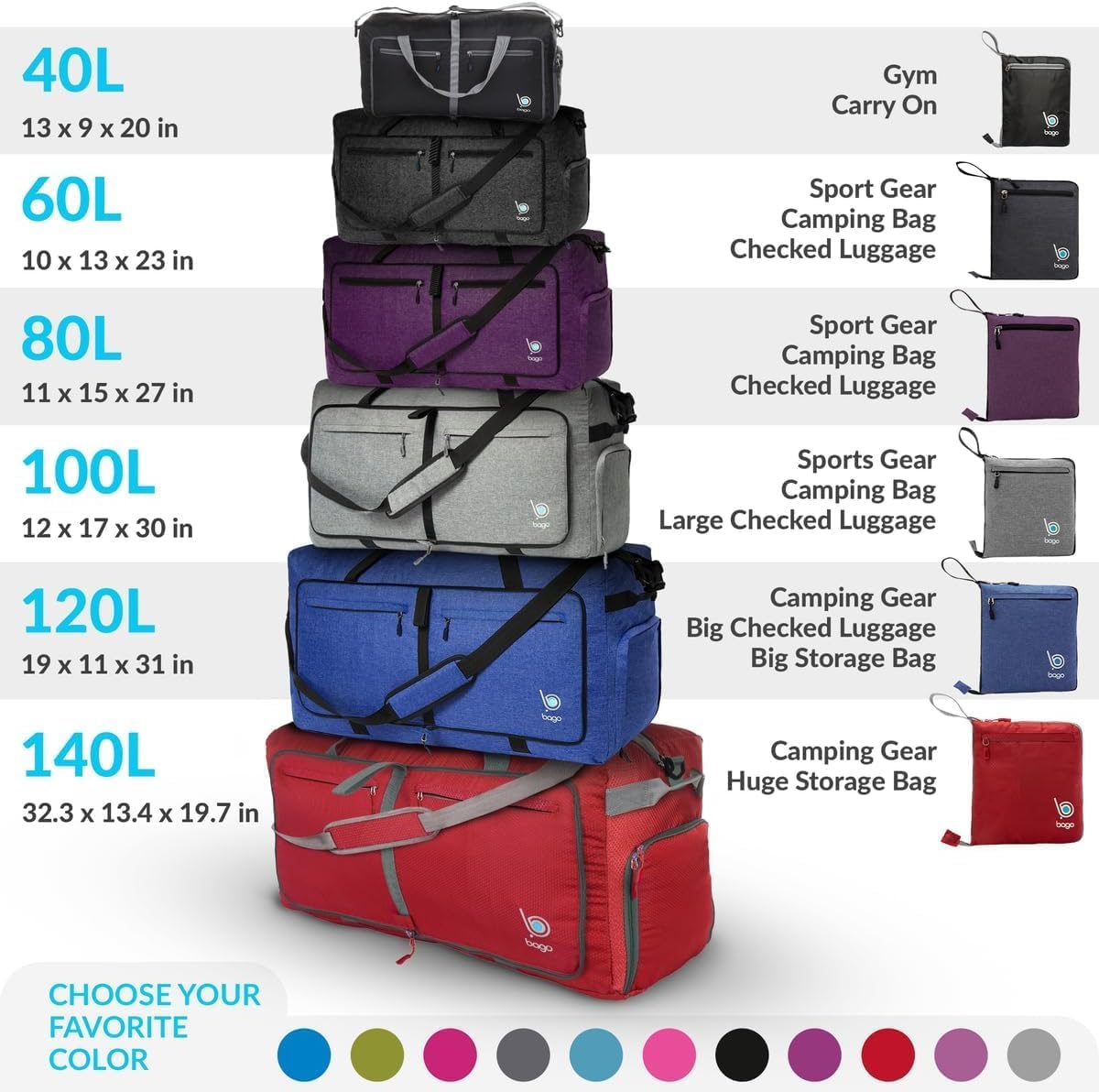 Bago Foldable Duffel Bags for Traveling Women & Men - 40L Sports Packable Duffle Bag for Travel with Shoe Compartment - Water Repellant, Heavy Duty, Lightweight Folding & Collapsible (Red)