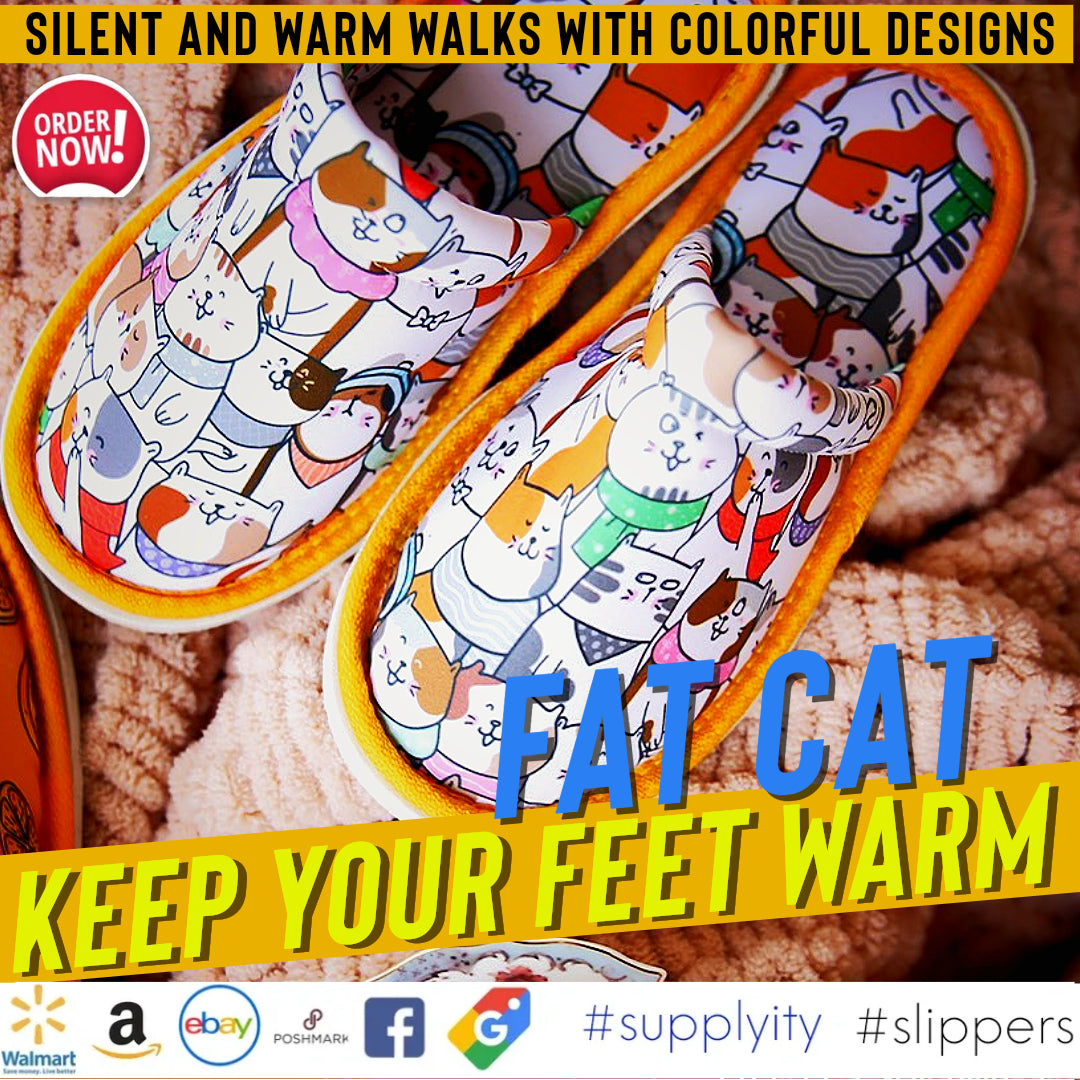 Chochili Men Fat Cat Home Slippers White Orange Lightweight Silent Walk Size 8 to 10