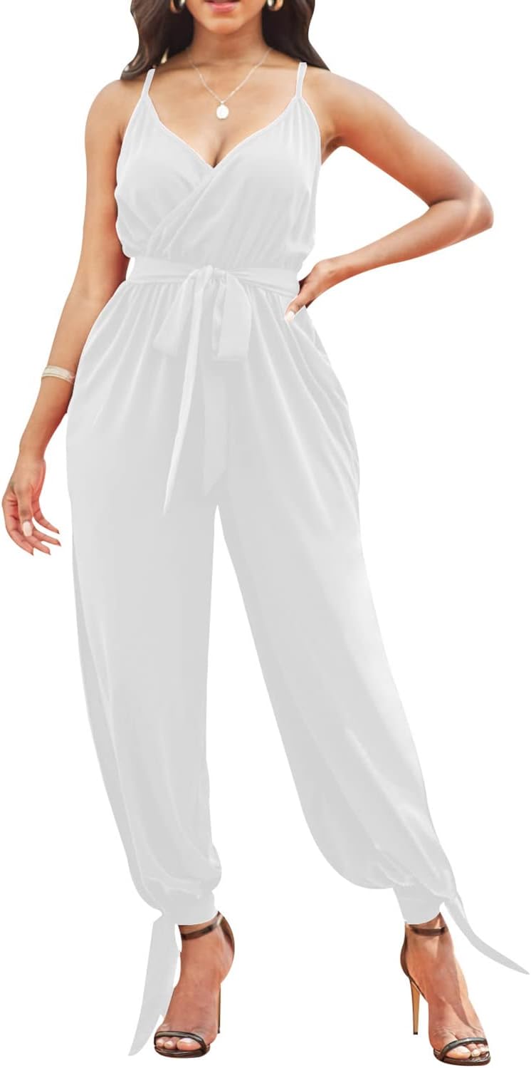 LightlyKiss Casual Summer Dressy Jumpsuits for Women Spaghetti Strap Wide Leg Split Long Pants Loose Fit Rompers