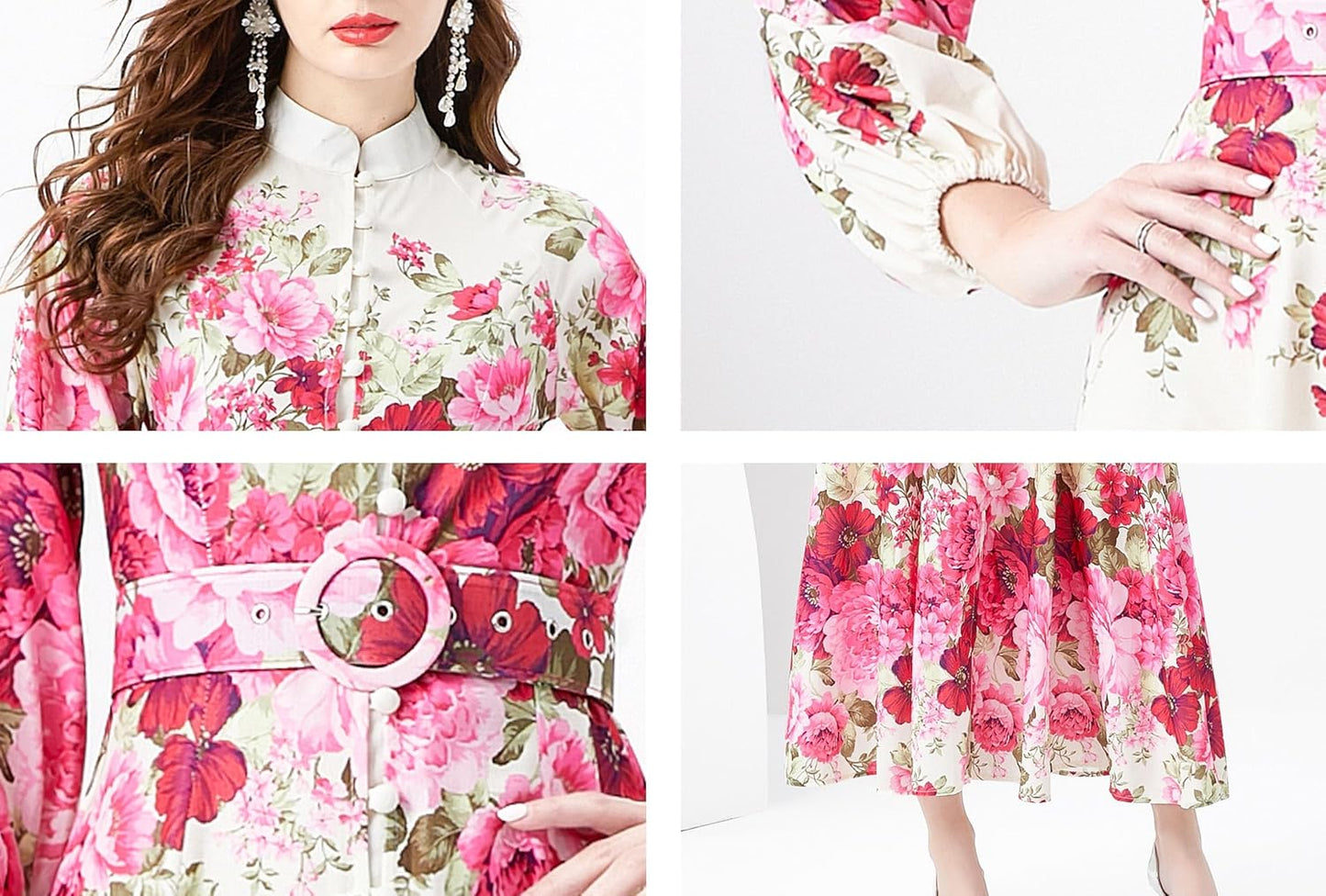 LAI MENG FIVE CATS Women's Floral Print Puff Sleeve Button Up Split Party Flowy Maxi Dress