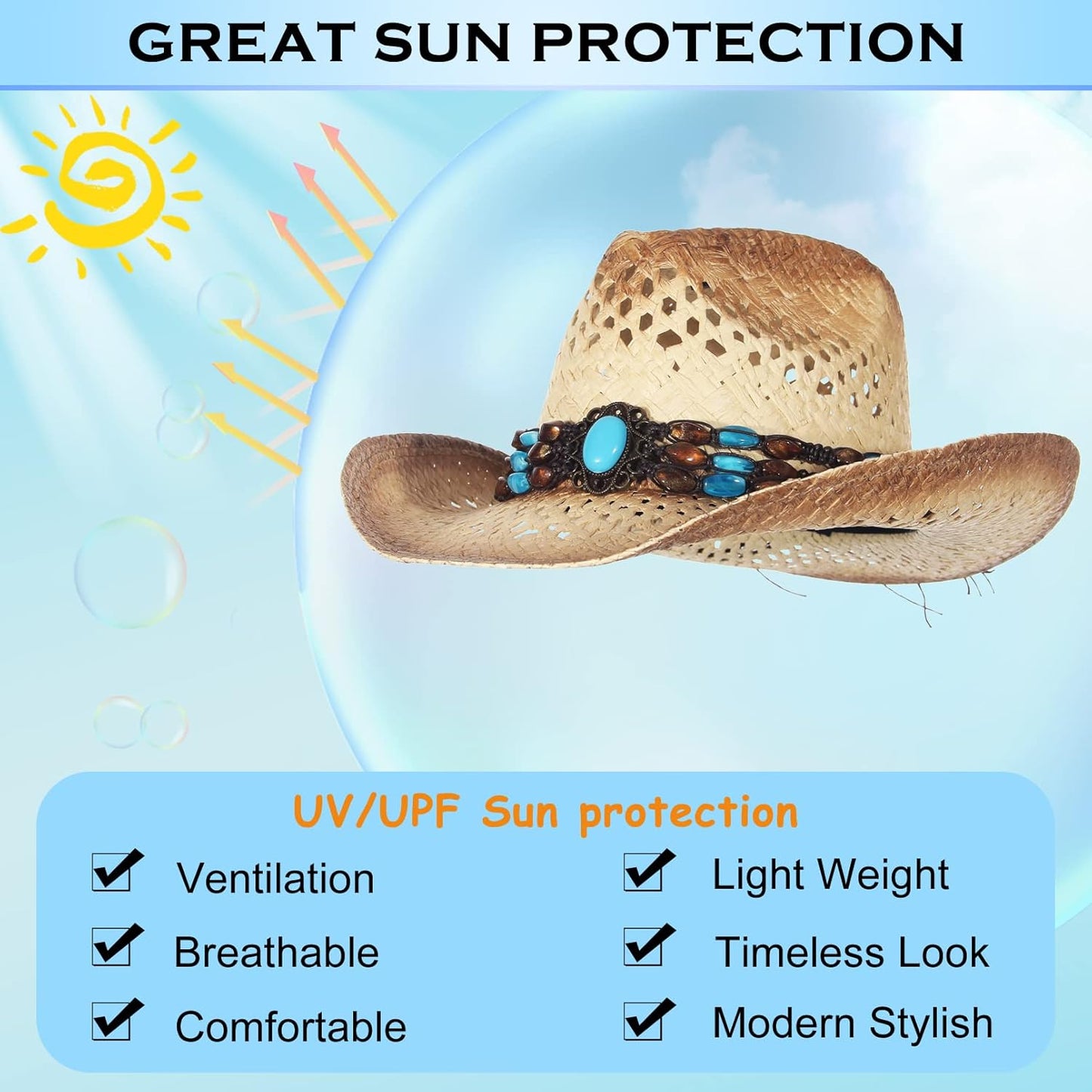 La Vogue Straw Cowboy Hat for Women Men Classic Roll up Brim Fedora Cowgirl Hat with Turquoise Belt