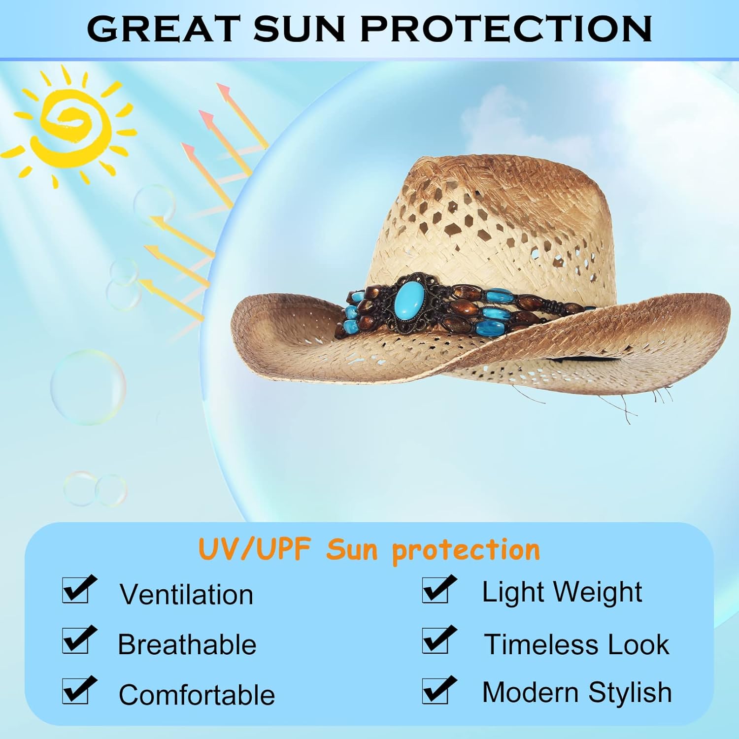 La Vogue Straw Cowboy Hat for Women Men Classic Roll up Brim Fedora Cowgirl Hat with Turquoise Belt