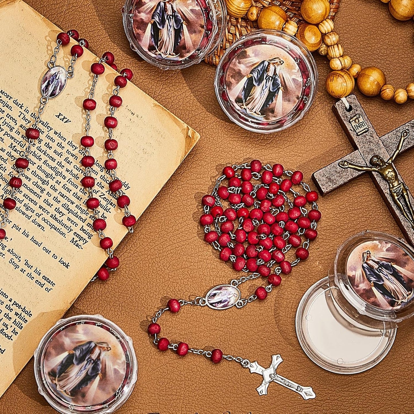 Bucherry 24 Pcs Our Lady of Grace Scented Red Rosary Necklace Party Favor Catholic Gift with Box Rosary Bead Necklace for Funeral Baptism First Communion