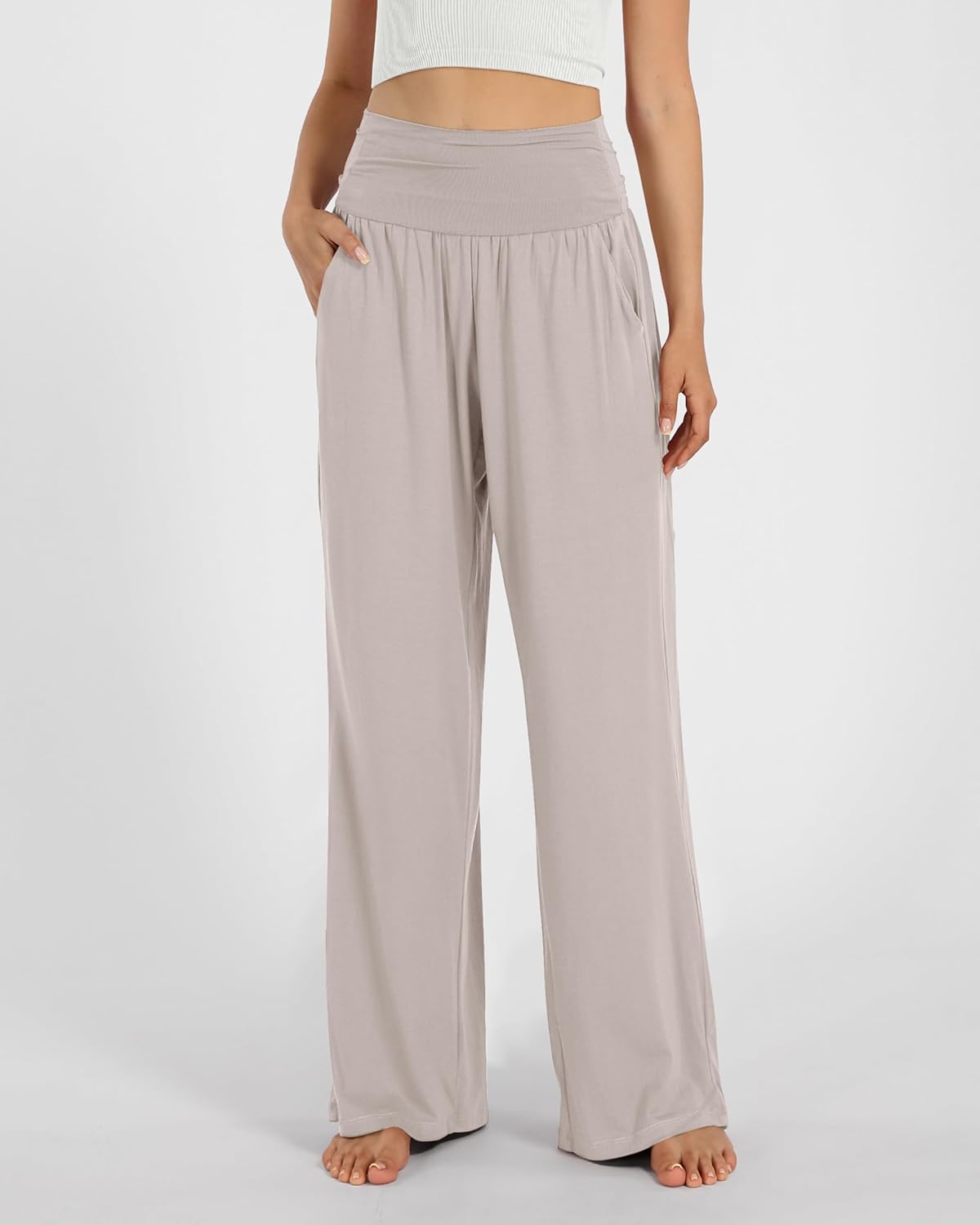 ODODOS Women's Wide Leg Palazzo Lounge Pants with Pockets Light Weight Loose Comfy Casual Pajama Pants-32 Inseam, Light Beige, Medium