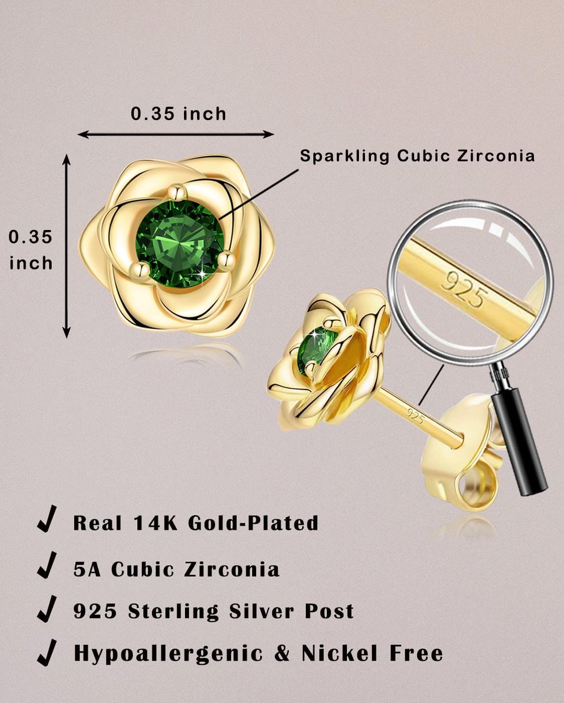 14K Gold Plated 925 Sterling Silver Post Rose Flower Stud Earrings for Women Birthstone Cubic Zirconia Studs Earrings Hypoallergenic & Nickel Free Jewelry
