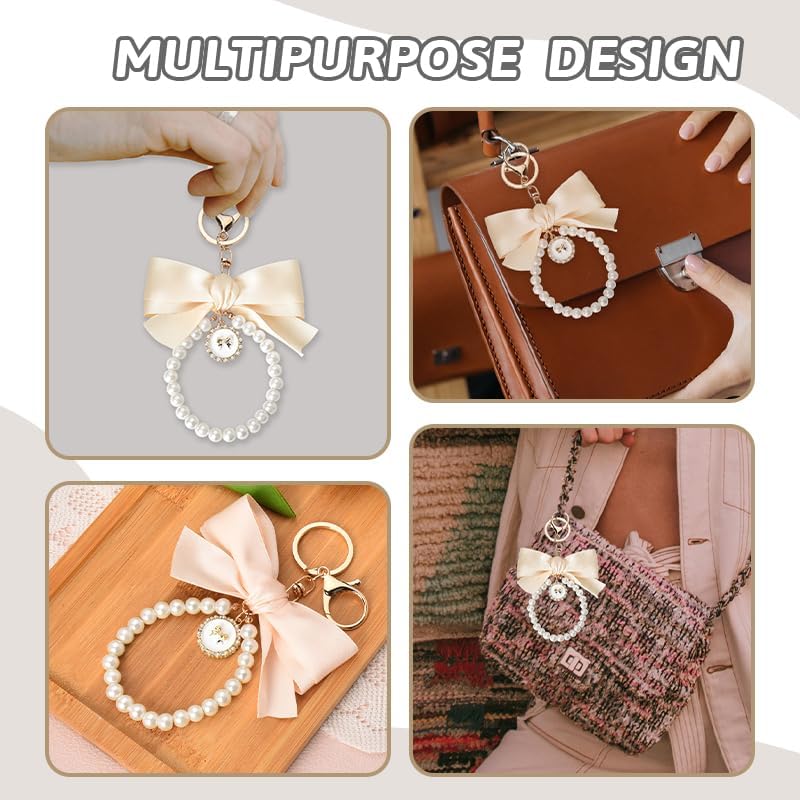 Pearl Bow Keychain Wistlet for Girls Women Bow Pearl Keychains Pink Black Beige