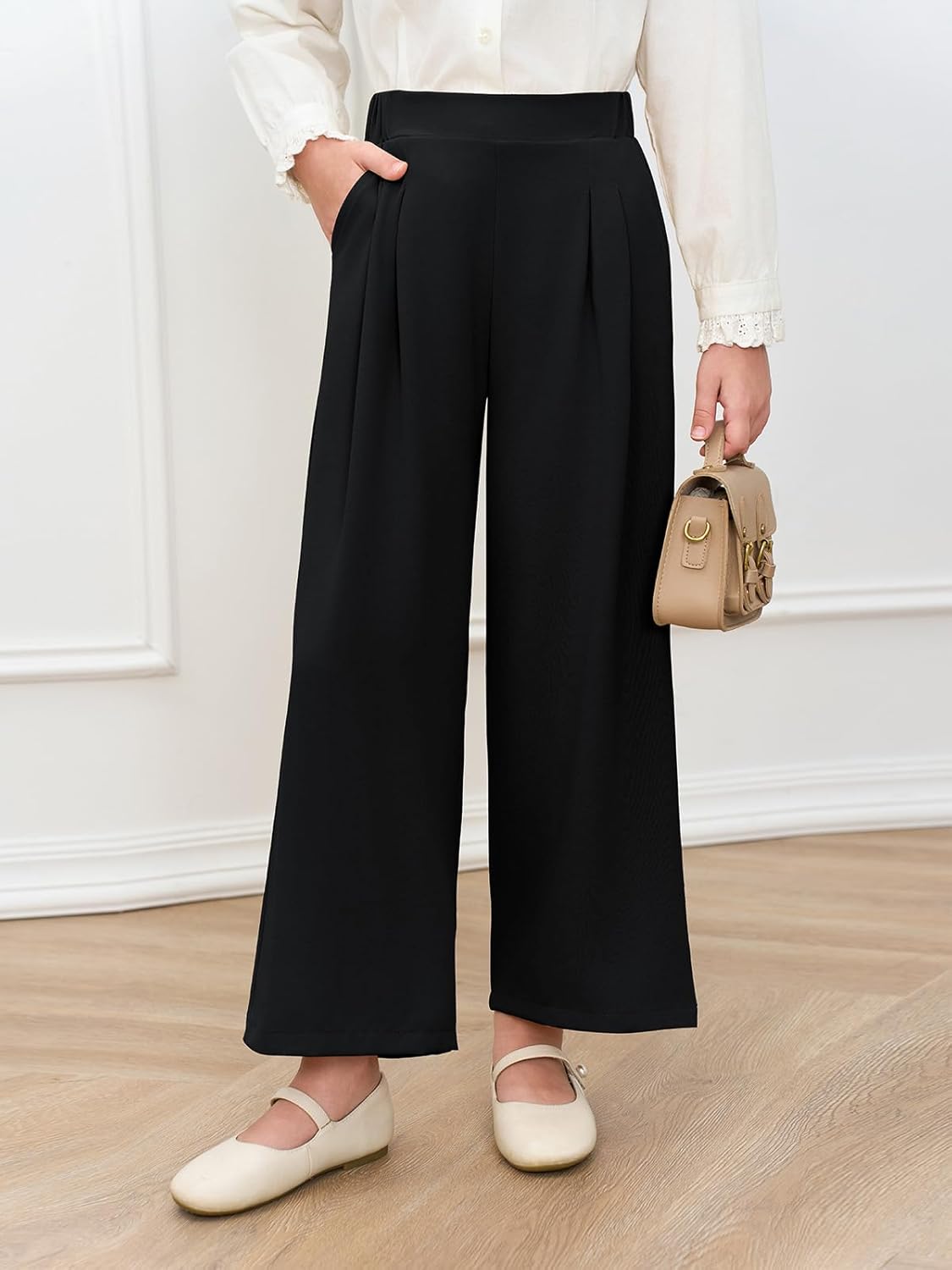 Haloumoning Girls High Waisted Uniform Pants Kids Wide Leg Dress Pants Casual Trousers with Pockets 5-14 Years