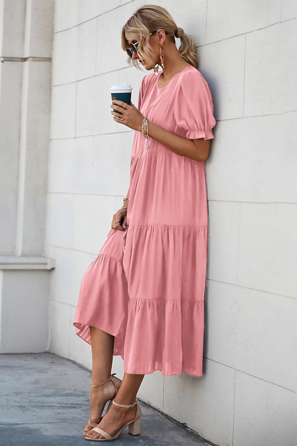 PRETTYGARDEN Summer Dresses for Women 2025 Casual Floral Boho Midi Sun Dress Puff Short Sleeve Flowy Beach Vacation Sundress