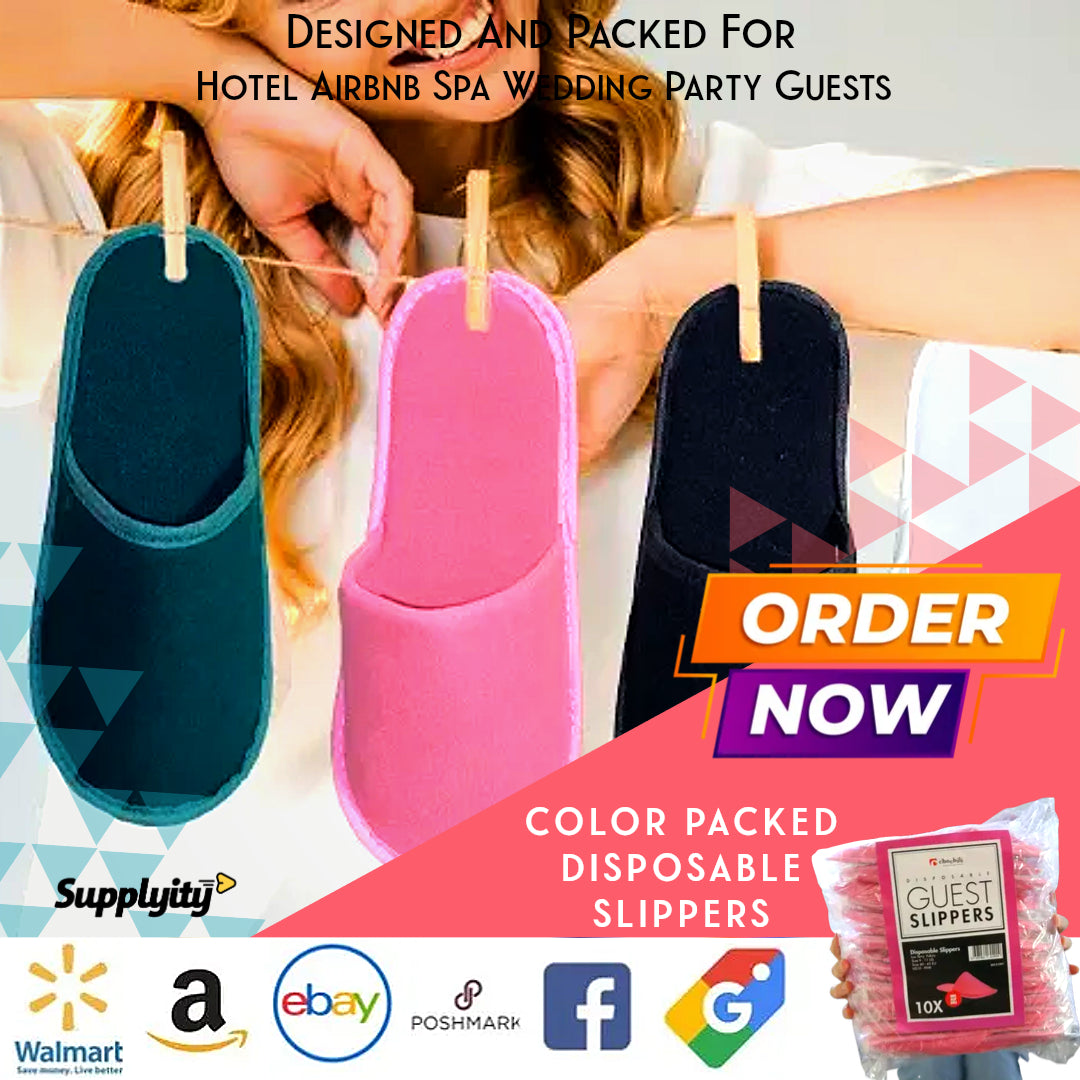 Chochili Pink 10 Pairs Fabric Packed Terry Cotton Disposable Hotel Slippers for Airbnb Spa Wedding Guests Adult Women Size 7-8,Pink