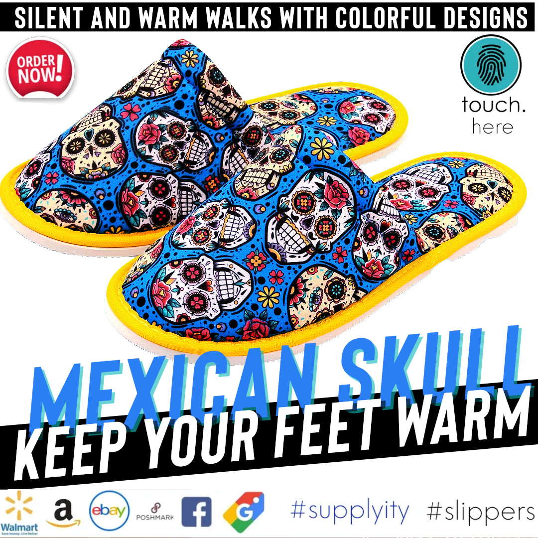 Chochili Men Mexican Skull Home Slippers Blue White Lightweight Silent Walk Size 8 to 10