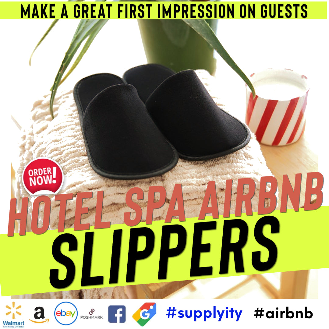 Chochili Black 10 Pairs Fabric Packed Terry Cotton Disposable Hotel Slippers for Airbnb Spa Wedding Guests Adult Men Women Size 10-11