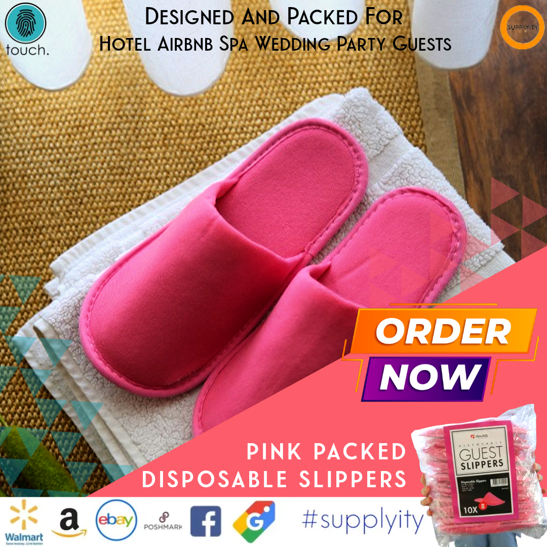 Chochili Pink 10 Pairs Fabric Packed Terry Cotton Disposable Hotel Slippers for Airbnb Spa Wedding Guests Adult Women Size 7-8,Pink