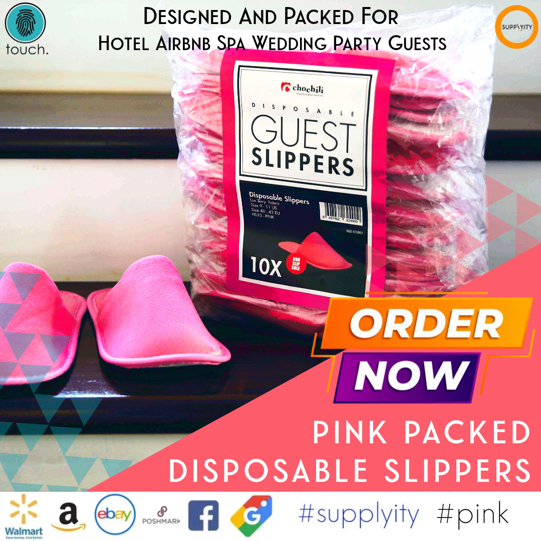 Chochili Pink 10 Pairs Fabric Packed Terry Cotton Disposable Hotel Slippers for Airbnb Spa Wedding Guests Adult Women Size 7-8,Pink