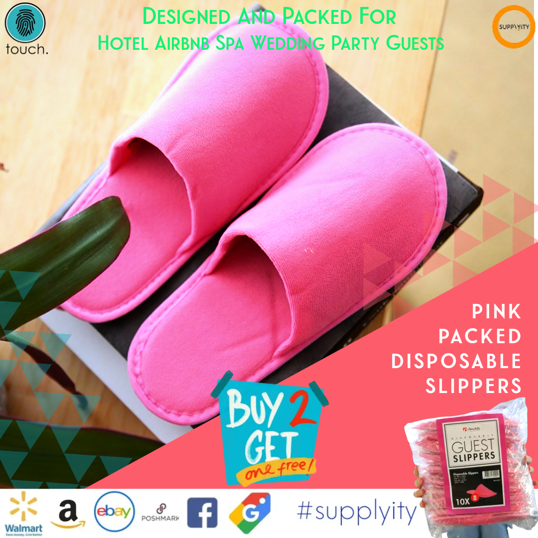 Chochili Pink 10 Pairs Fabric Packed Terry Cotton Disposable Hotel Slippers for Airbnb Spa Wedding Guests Adult Women Size 7-8,Pink