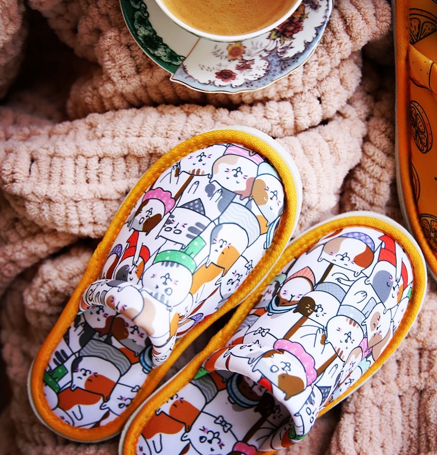 Chochili Men Fat Cat Home Slippers White Orange Lightweight Silent Walk Size 8 to 10 - supplyity