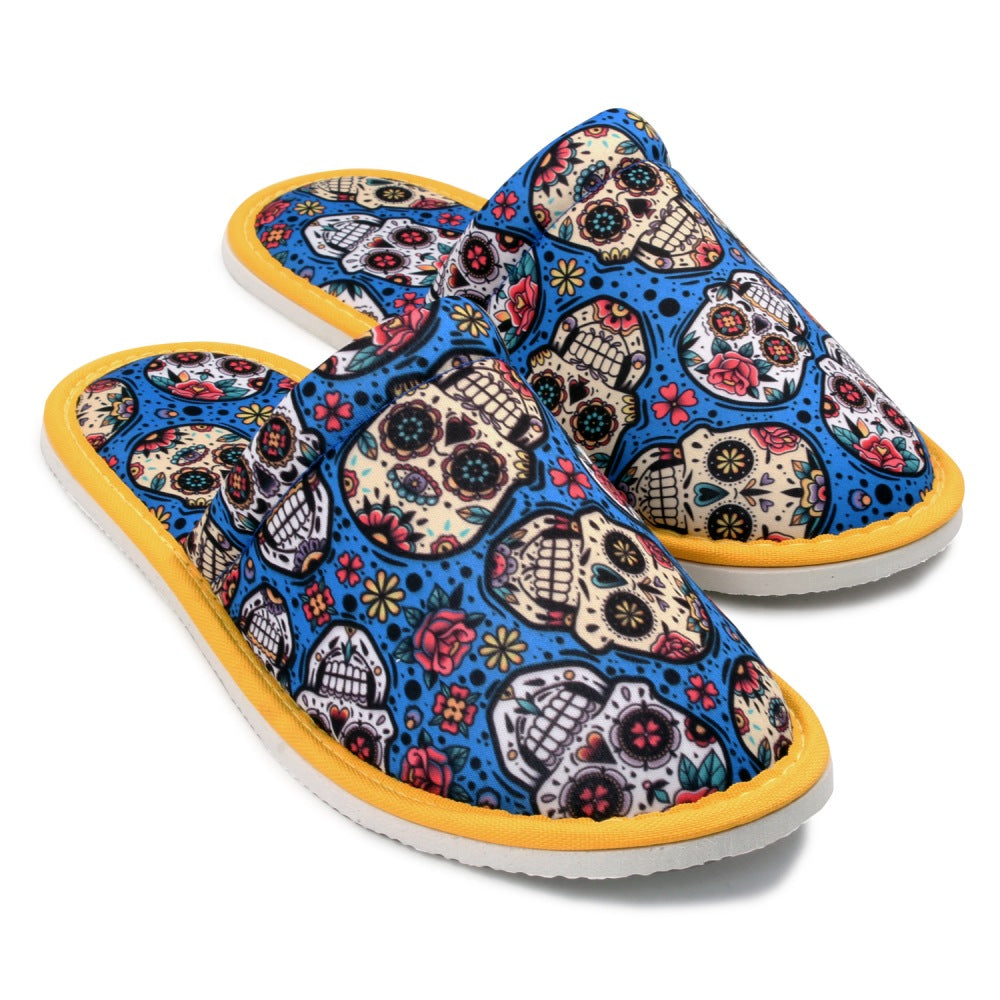 Chochili Women Mexican Skull Home Slippers Blue White Lightweight Silent Walk Size 7 to 8 - supplyity