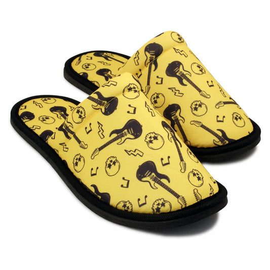 Chochili Men Guitar Skull Home Slippers Yellow Black Lightweight Silent Walk Size 8 to 10 - supplyity