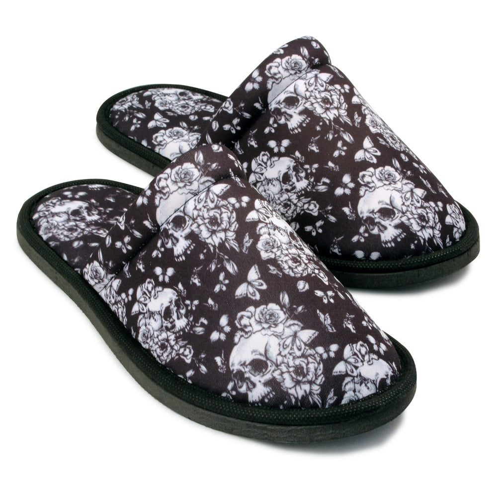 Chochili Women Flower Skull Home Slippers Black White Lightweight Silent Walk Size 7 to 8 - supplyity