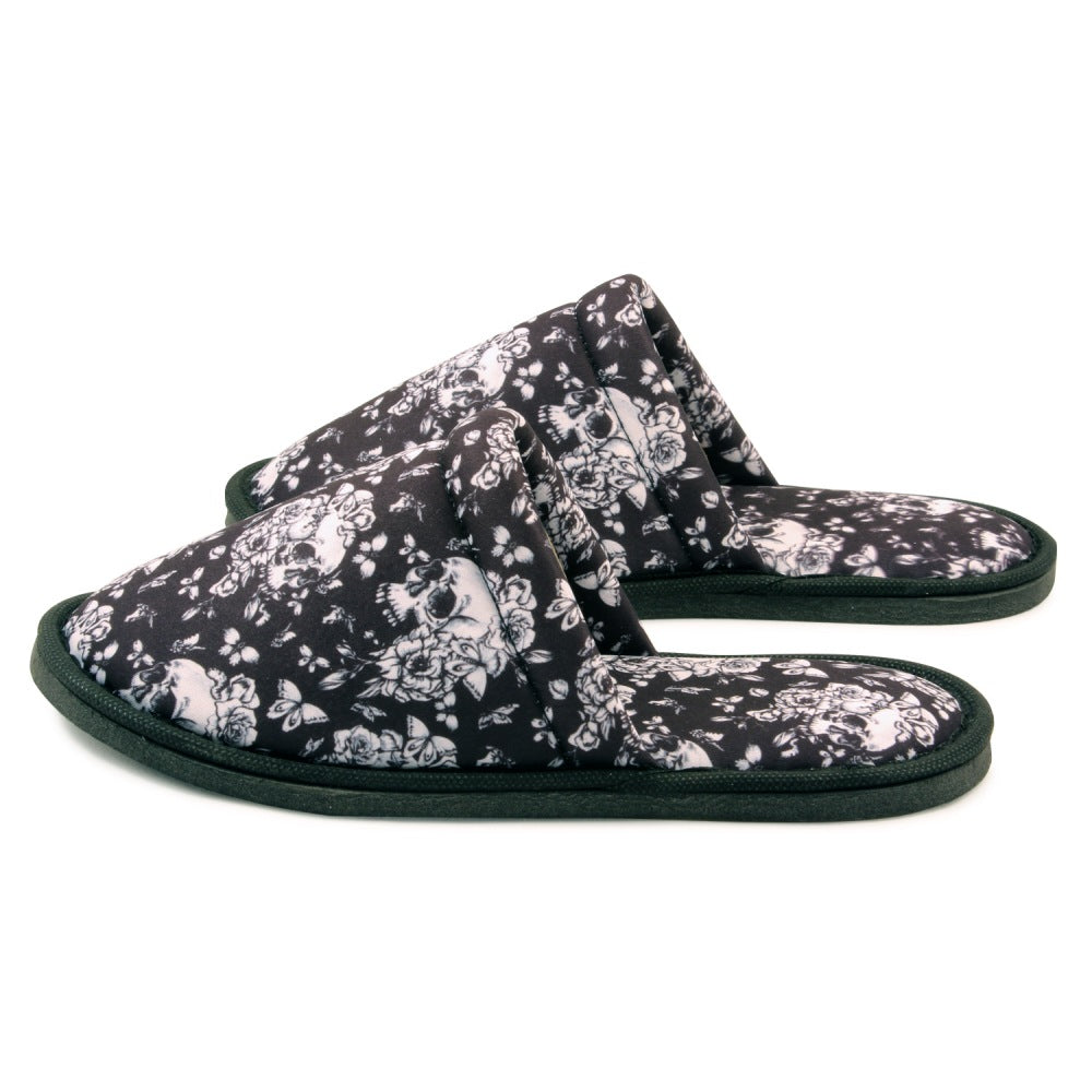 Chochili Women Flower Skull Home Slippers Black White Lightweight Silent Walk Size 7 to 8 - supplyity
