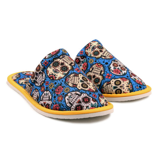 Chochili Men Mexican Skull Home Slippers Blue White Lightweight Silent Walk Size 8 to 10 - supplyity