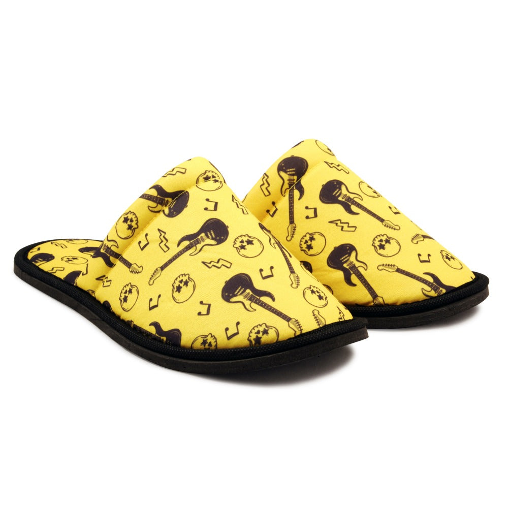 Chochili Men Guitar Skull Home Slippers Yellow Black Lightweight Silent Walk Size 8 to 10 - supplyity