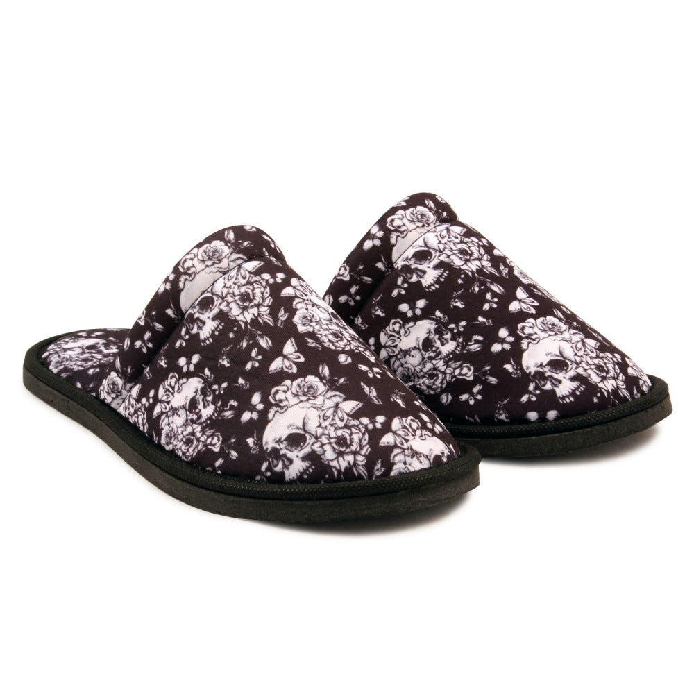 Chochili Women Flower Skull Home Slippers Black White Lightweight Silent Walk Size 7 to 8 - supplyity