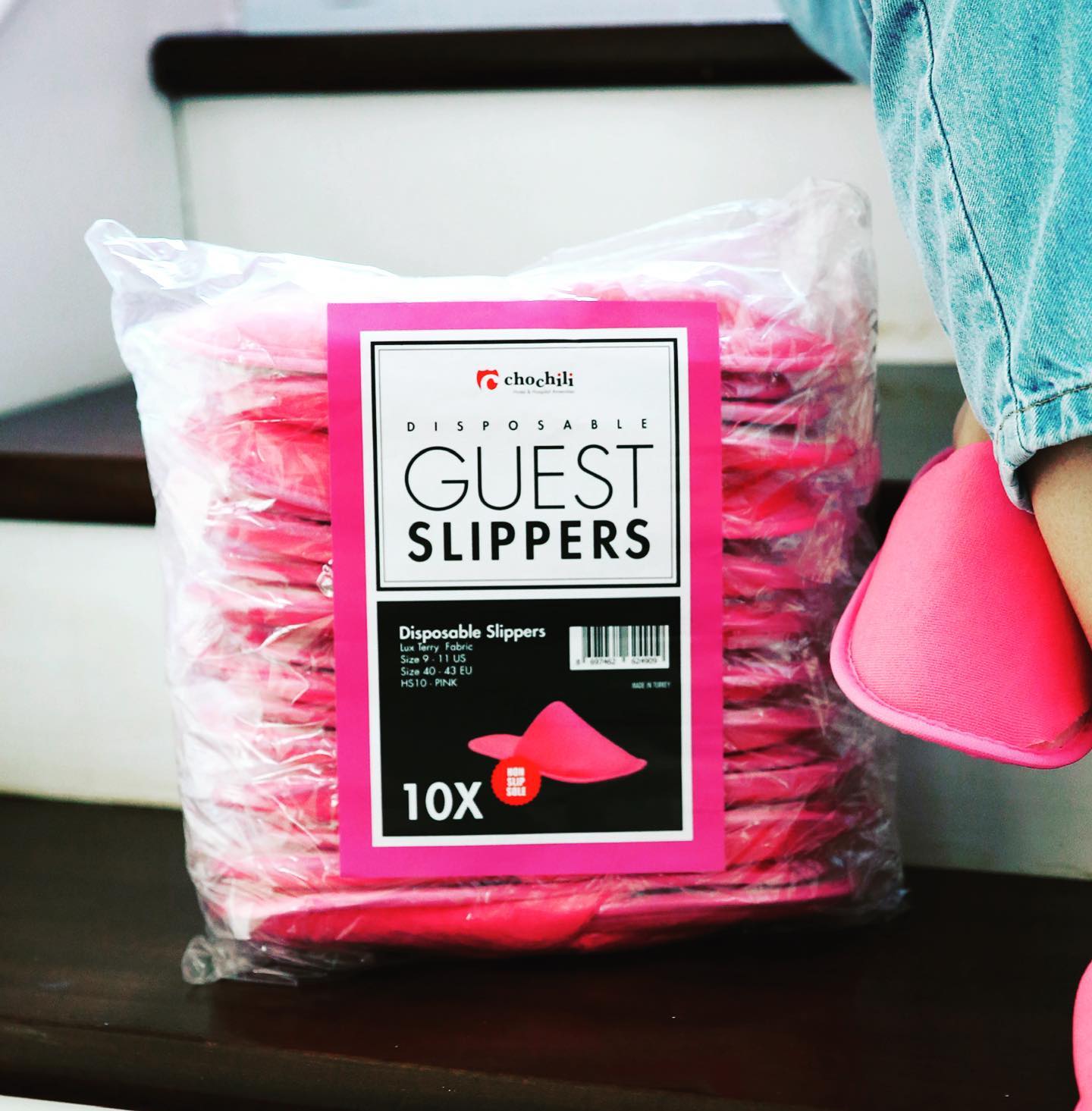 Chochili Pink 10 Pairs Fabric Packed Terry Cotton Disposable Hotel Slippers for Airbnb Spa Wedding Guests Adult Women Size 7-8,Pink - supplyity