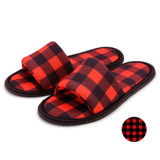 Chochili Men Lumberjack Open Toe Home Garage Kitchen Dorm Slippers Black and Red - supplyity