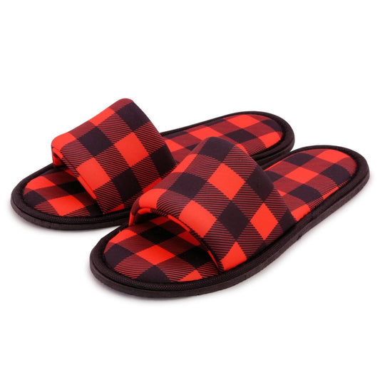 Chochili Men Lumberjack Open Toe Home Garage Kitchen Dorm Slippers Black and Red - supplyity