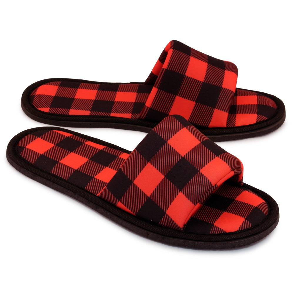 Chochili Men Lumberjack Open Toe Home Garage Kitchen Dorm Slippers Black and Red - supplyity