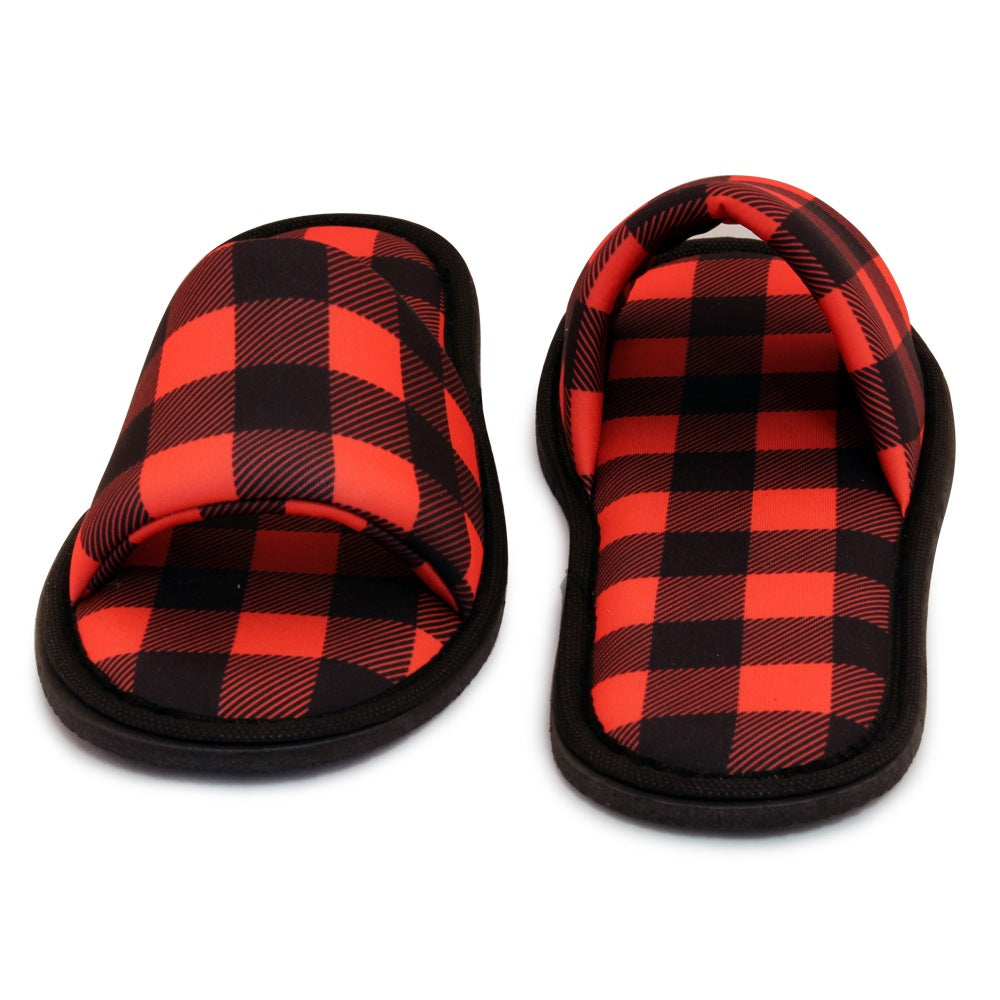 Chochili Men Lumberjack Open Toe Home Garage Kitchen Dorm Slippers Black and Red - supplyity