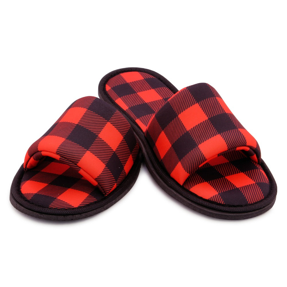 Chochili Men Lumberjack Open Toe Home Garage Kitchen Dorm Slippers Black and Red - supplyity