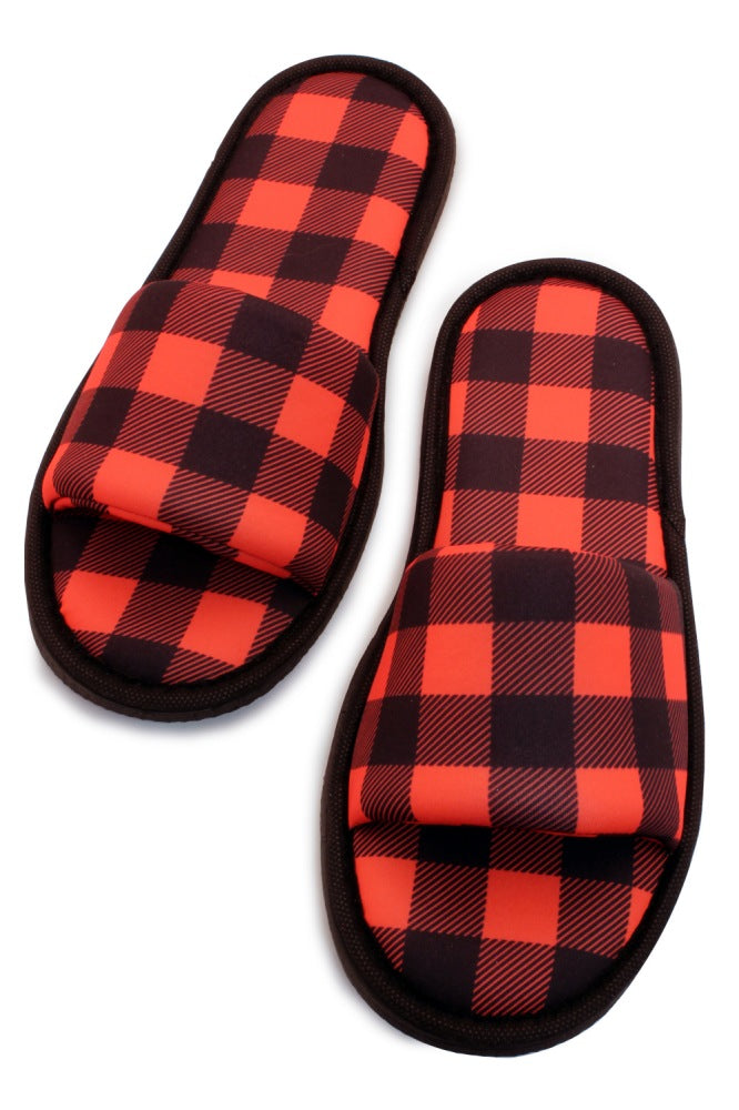 Chochili Men Lumberjack Open Toe Home Garage Kitchen Dorm Slippers Black and Red - supplyity