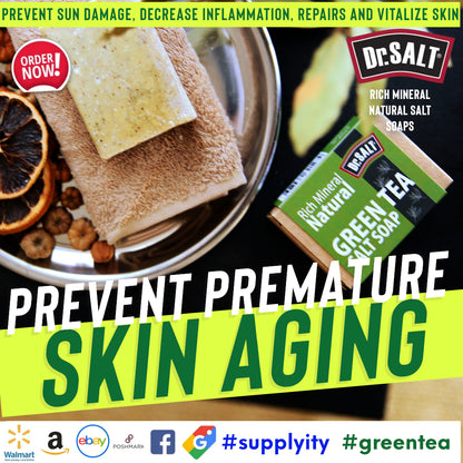 Dr Salt Rich Mineral Natural Green Tea Salt Soap (2 Bars) Prevent Sun Damage, Decrease Inflammation, Repairs and Vitalize Skin