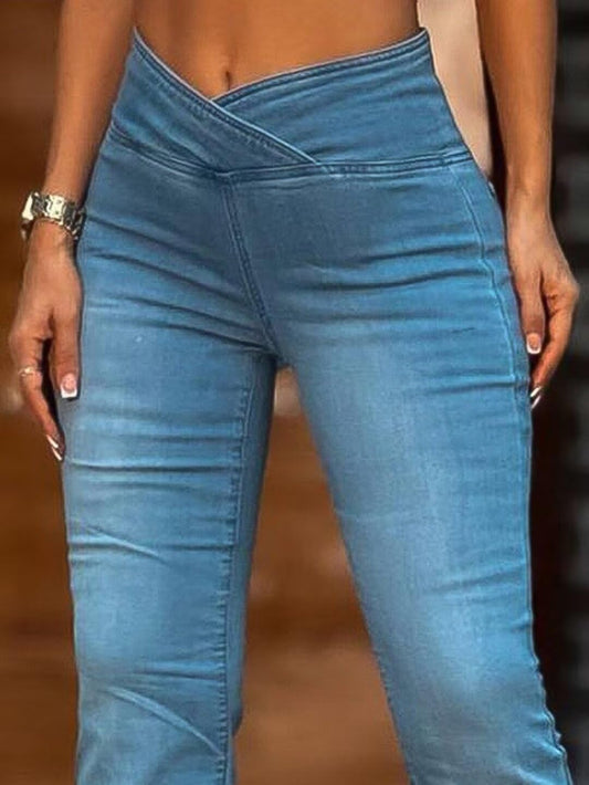 Flamingals Flared Wide Leg High Rise Casual Wash Wrap Denim Jeans Mid Blue 3XL